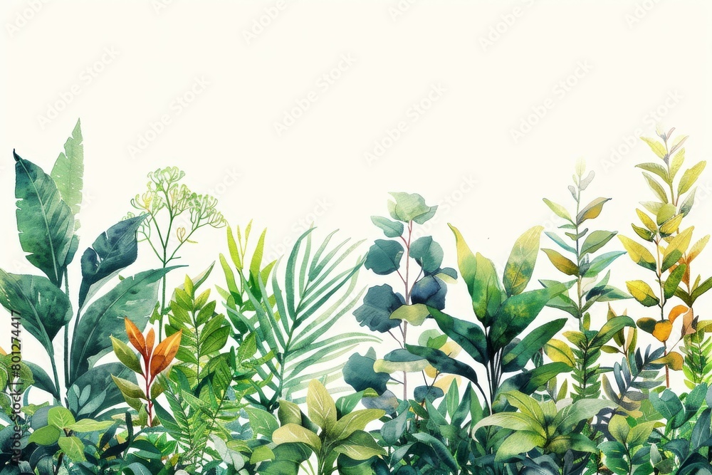 Green leaves and plants watercolor illustration seamless border