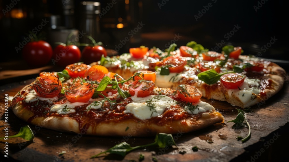 half pizza with cherry tomatoes and basil on wooden board