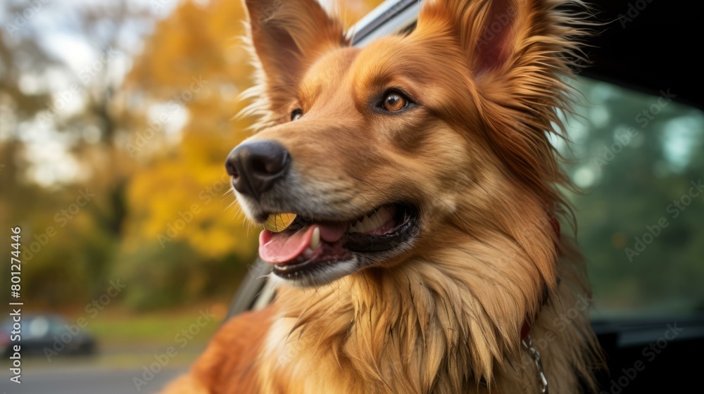 brown dog looking out car window with trees in background brown dog looking out car window with trees in background