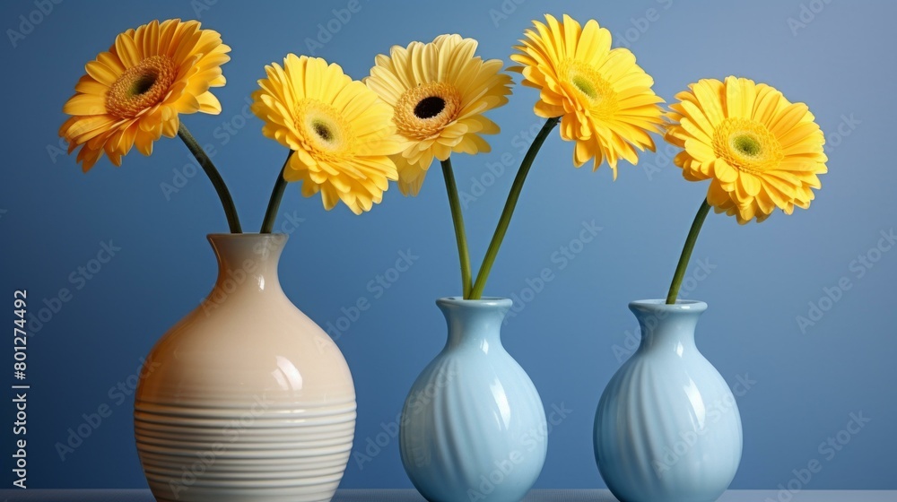Three vases of yellow daisies on a blue background Three vases of yellow daisies on a blue background