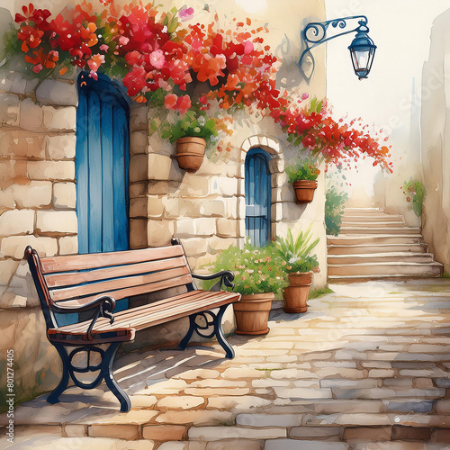 Picture  a wooden bench with red flowers hanging from it against the background of an old brick wall  an old city somewhere in Europe.