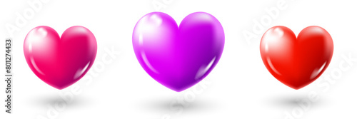 Three brightly colored hearts in pink, purple, and red hues on transparent background