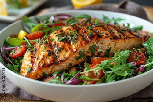 Grilled salmon fillet with fresh salad leaves, tomatoes and lemon