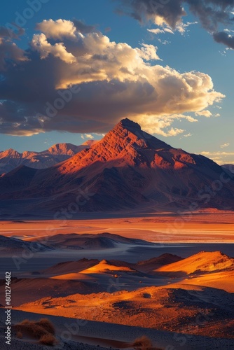 A Stunning Desert Landscape with a Towering Mountain in the Distance