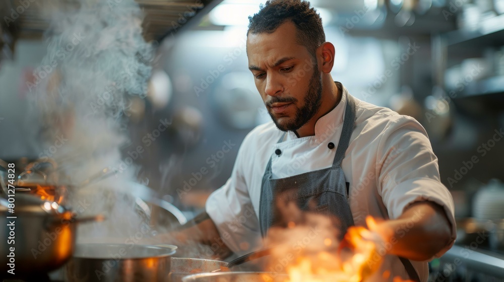 Focused male chef cooking with fire in kitchen Focused male chef cooking with fire in kitchen