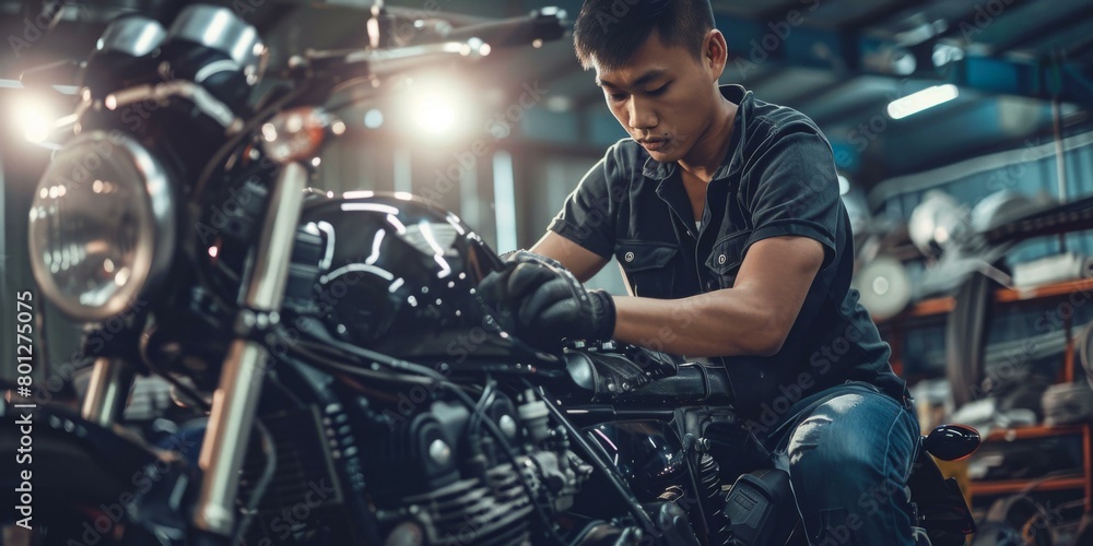 Asian man repairing a custom motorcycle in a workshop