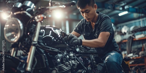Asian man repairing a custom motorcycle in a workshop