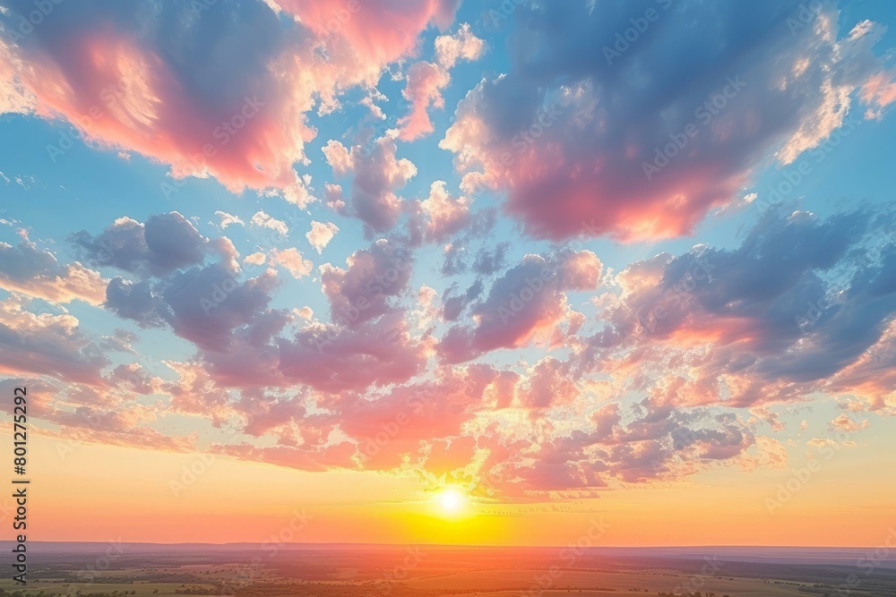 A vivid sunset sky with a bright shining sun and colorful clouds
