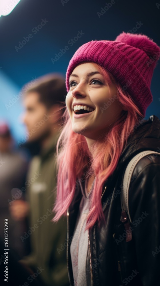 Portrait of a young woman with pink hair wearing a pink beanie Portrait of a young woman with pink hair wearing a pink beanie