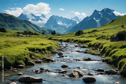 A river flowing through a valley in the Swiss Alps