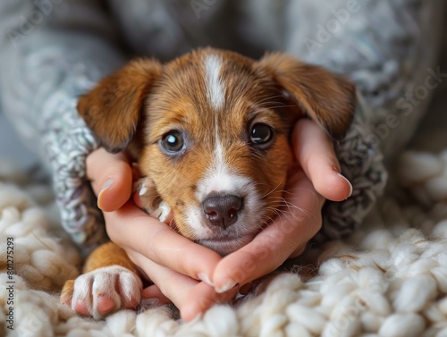 Little puppy dog in female hands. Puppy in woman's lap. Concept of love for animals, pets adoption and care photo