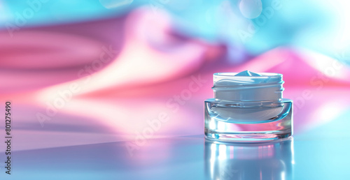White face and body cream in a glass jar stands on a colorful bright background. Concept of skincare cosmetics for face and body  self-care  banner with copyspace