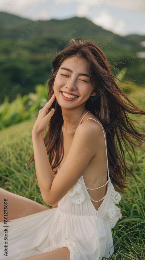 An Asian woman in a white dress is sitting on the grass and smiling