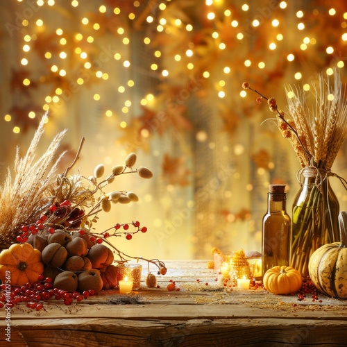 Festive table setting for a harvest party with glowing lights and autumn decorations AI Generative.