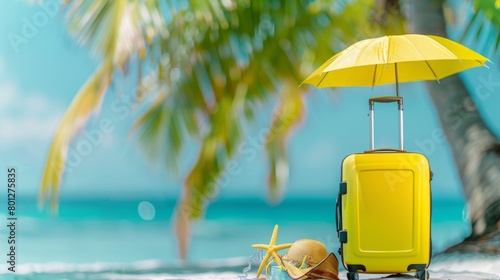 Vibrant tropical beach scene with a yellow suitcase and umbrella, ideal for summer travel, AI Generative.