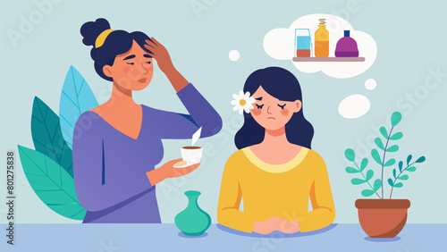 A woman trying out aromatherapy oils for her migraines while her friend swears by using a cold compress on her forehead..