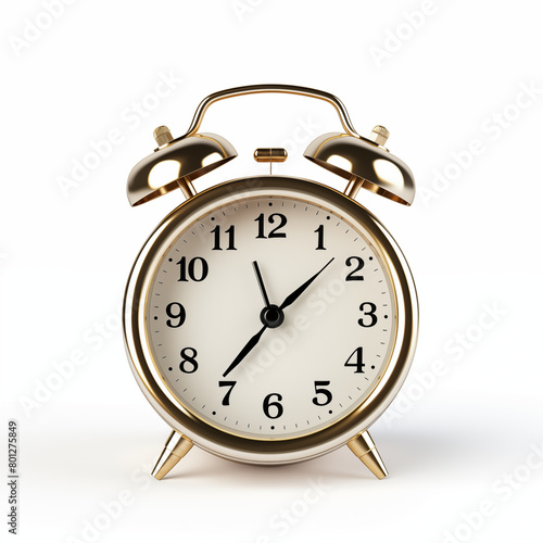 3D rendering of a gold vintage alarm clock on a white background