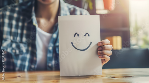 Person holding a happy smiling face drawing in front of them, Concept of promoting positive mental health and happiness in daily life