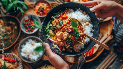 A food blogger capturing the essence of Thai cuisine with a stunning photo of Thai basil stir-fry dishes, inspiring followers to explore Thai flavors at home