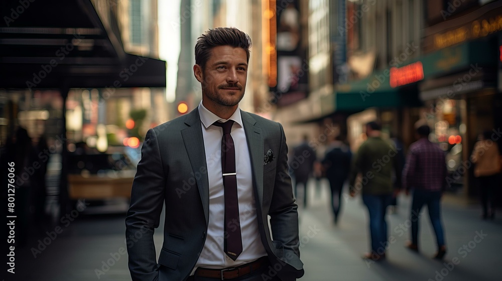 A young professional man in a suit walking down a busy street