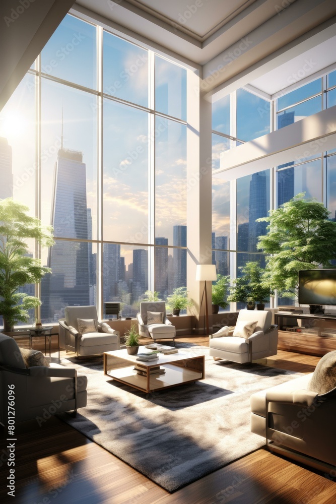 Fototapeta premium Modern living room interior design with large windows and city view