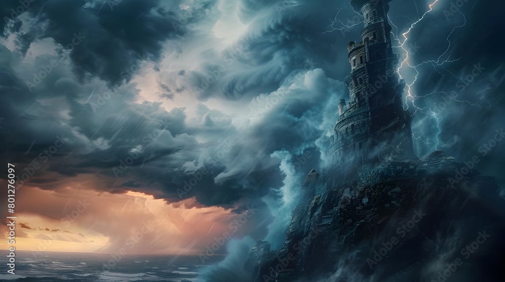 Towering Ancient Wizard's Spiraled Stone Castle Overlooking a Stormy Oceanic Landscape
