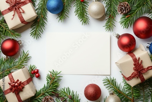 Christmas decorations with fir branches, gift boxes and ornaments on white background