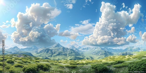 Fantasy green rolling hills landscape with white clouds and blue sky © duyina1990