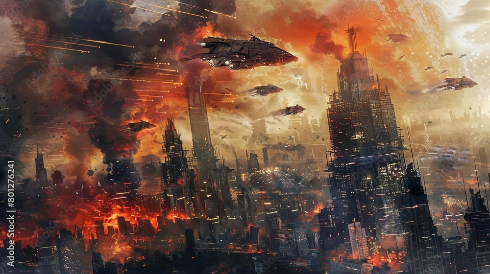 alien invasion in the city a black poster stands in the foreground alien invasion in the city a black poster stands in the foreground