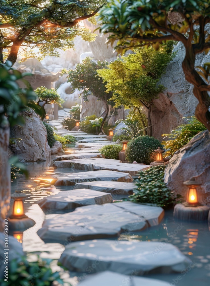 fantasy landscape with stone path, trees, and lanterns
