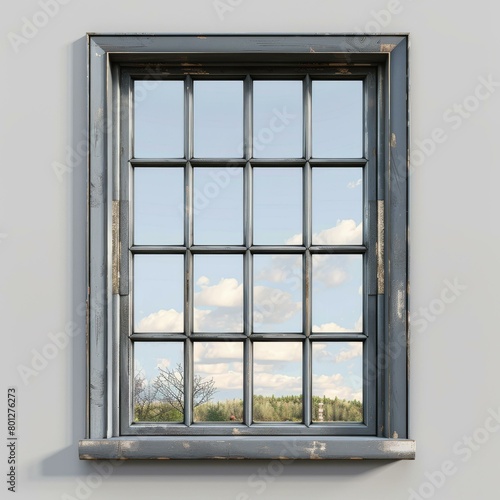 Blue wooden window frame with white wall background