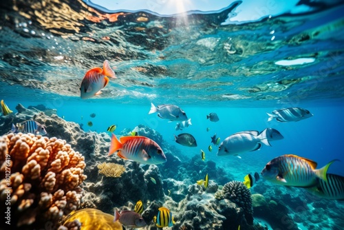 Underwater view of a coral reef with many colorful fish swimming around