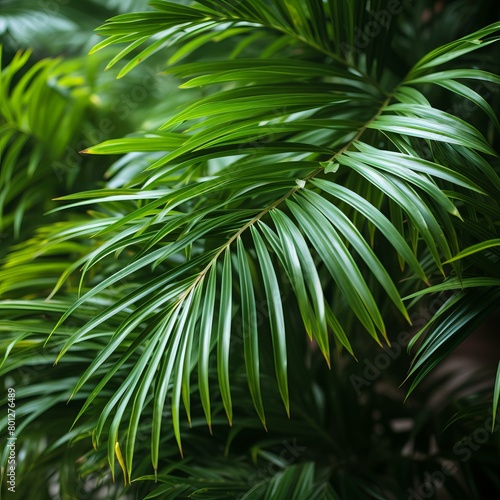 Close-up of lush green palm leaves in a tropical rainforest