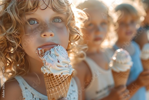 Kids enjoying ice cream cones under the sun, captured in a joyous.