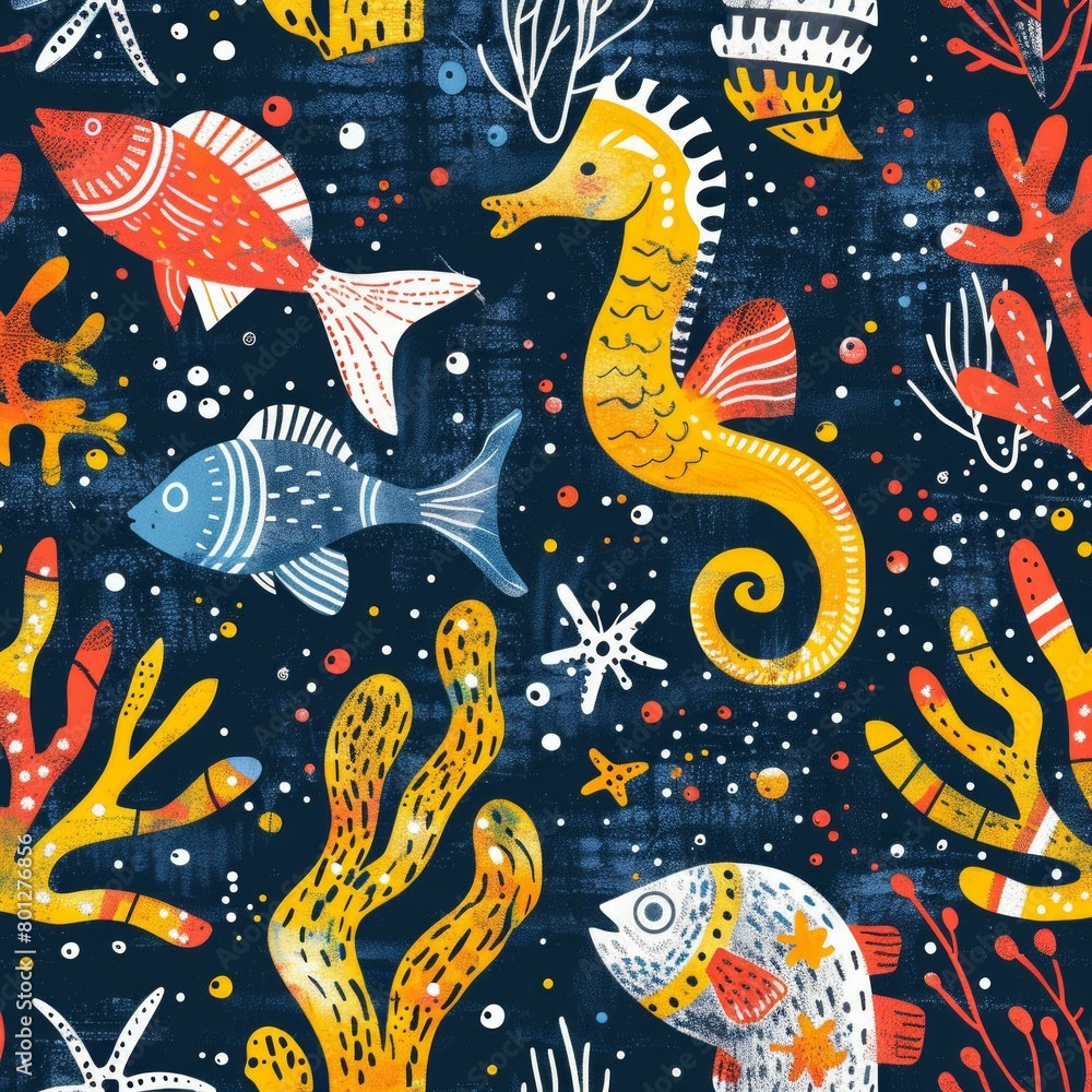 Underwater seamless pattern with hand drawn sea animals and plants Underwater seamless pattern with hand drawn sea animals and plants