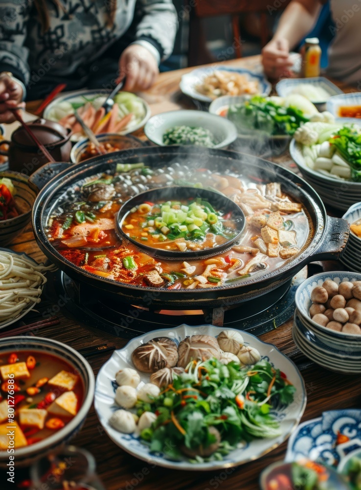 A group of people sitting around a table eating a hot pot meal