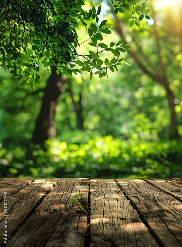 An old wooden table in a lush green forest An old wooden table in a lush green forest