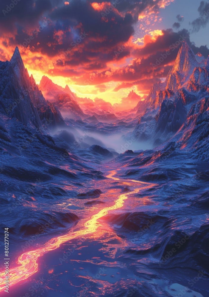 Fantasy landscape with a river of lava flowing through a valley