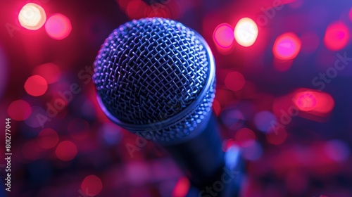 Professional microphone in recording studio with blurred background for text placement