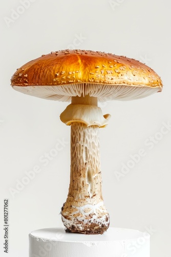 Close-up photo of a large orange mushroom with a white stem photo