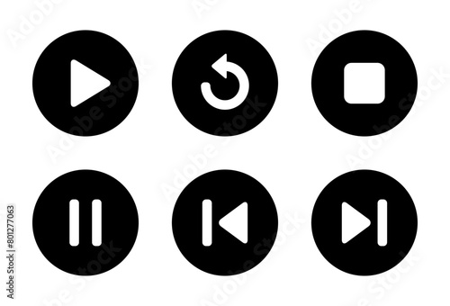 Play, replay, stop, pause, previous, and next track icon on black circle
