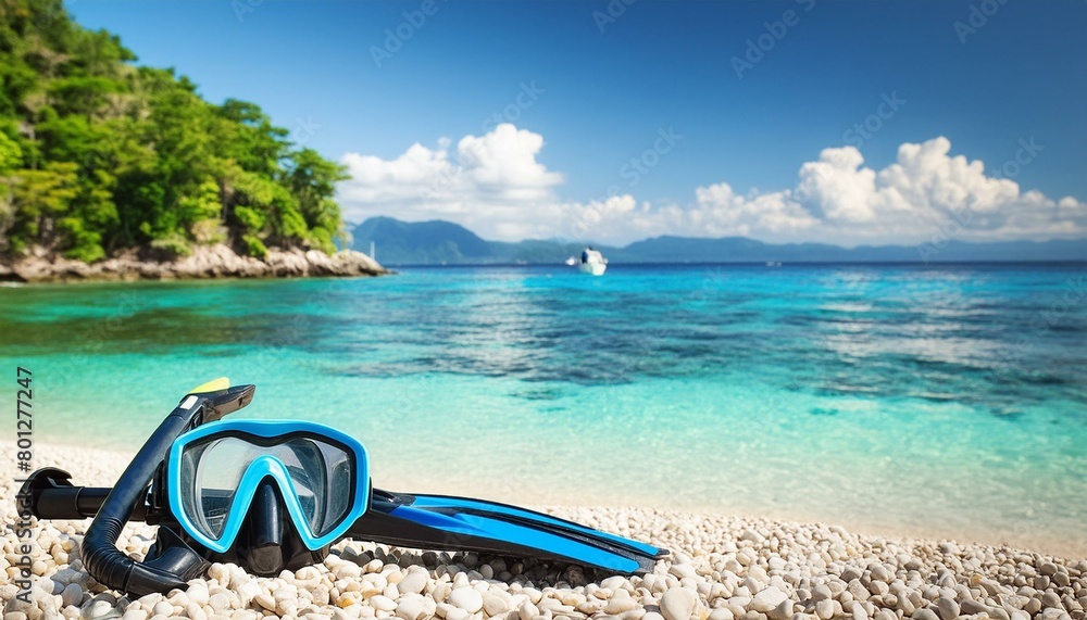 snorkel and mask on the beach, blurred background