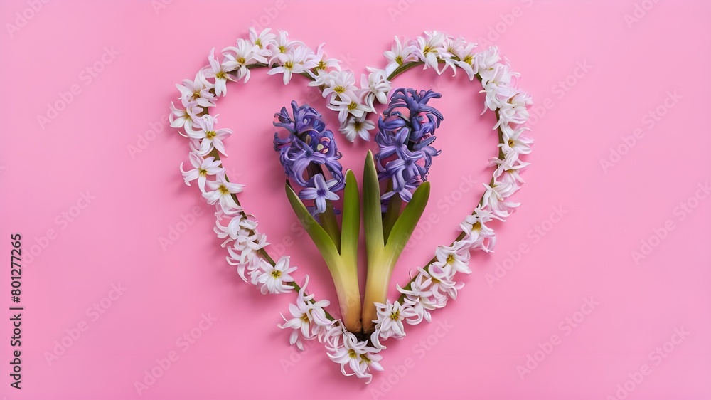 Hyacinth flowers in hole in heart shaped form over pink punchy pastel background. Top view, flat lay. Banner. Spring, summer or garden concept. Present for Woman day 
