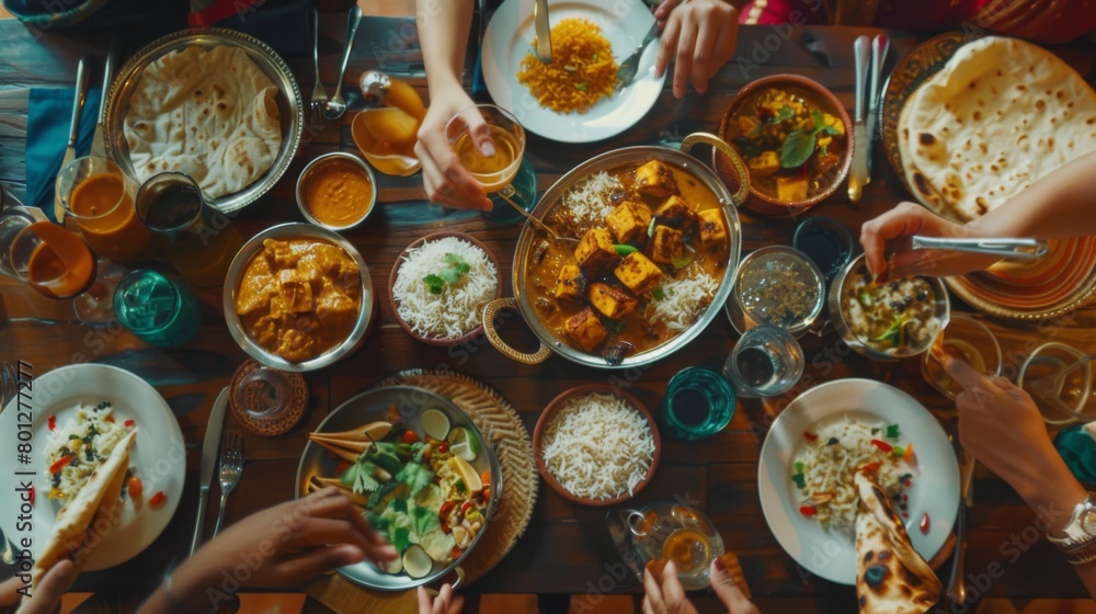 A group of friends dining at an Indian restaurant, relishing the aromatic aroma and complex flavors of paneer dishes served with fluffy basmati rice. A group of friends dining at an Indian restaurant, relishing the aromatic aroma and complex flavors of paneer dishes served with fluffy basmati rice.