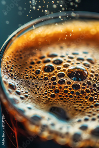 Coffee with bubbles in a glass close-up. Macro