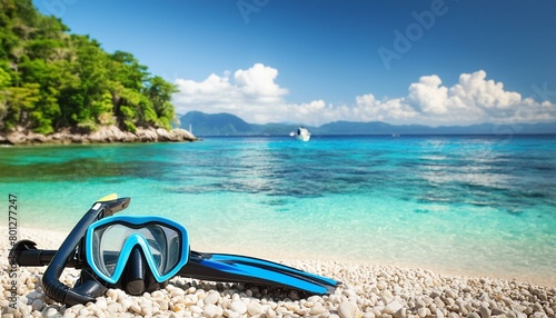 snorkel and mask on the beach, blurred background