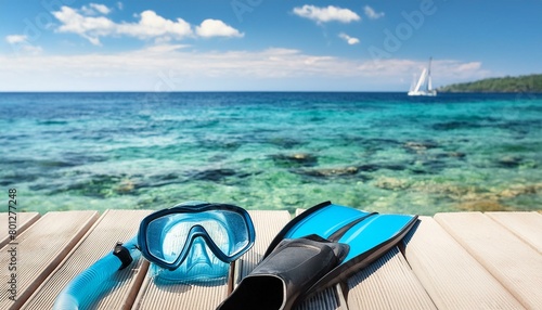 snorkel and mask on the beach, blurred background