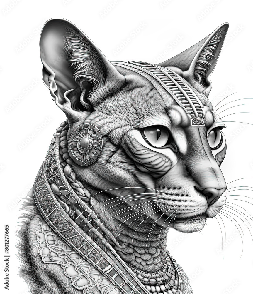 Grayscale Drawing of a Cat, Mandala with stylized Abyssinian cat for coloring page, tattoo.