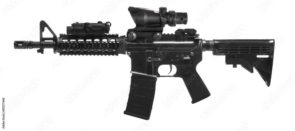 Weapons and military equipment for army, Assault rifle gun (M4A1) with attachment, Acog red dot sign isolated on white background