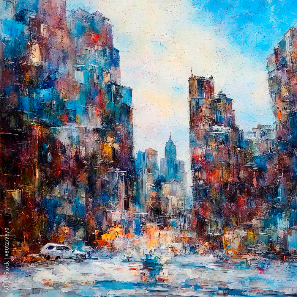 Abstract urban landscape in the style of oil painting with brush marks and crackle.